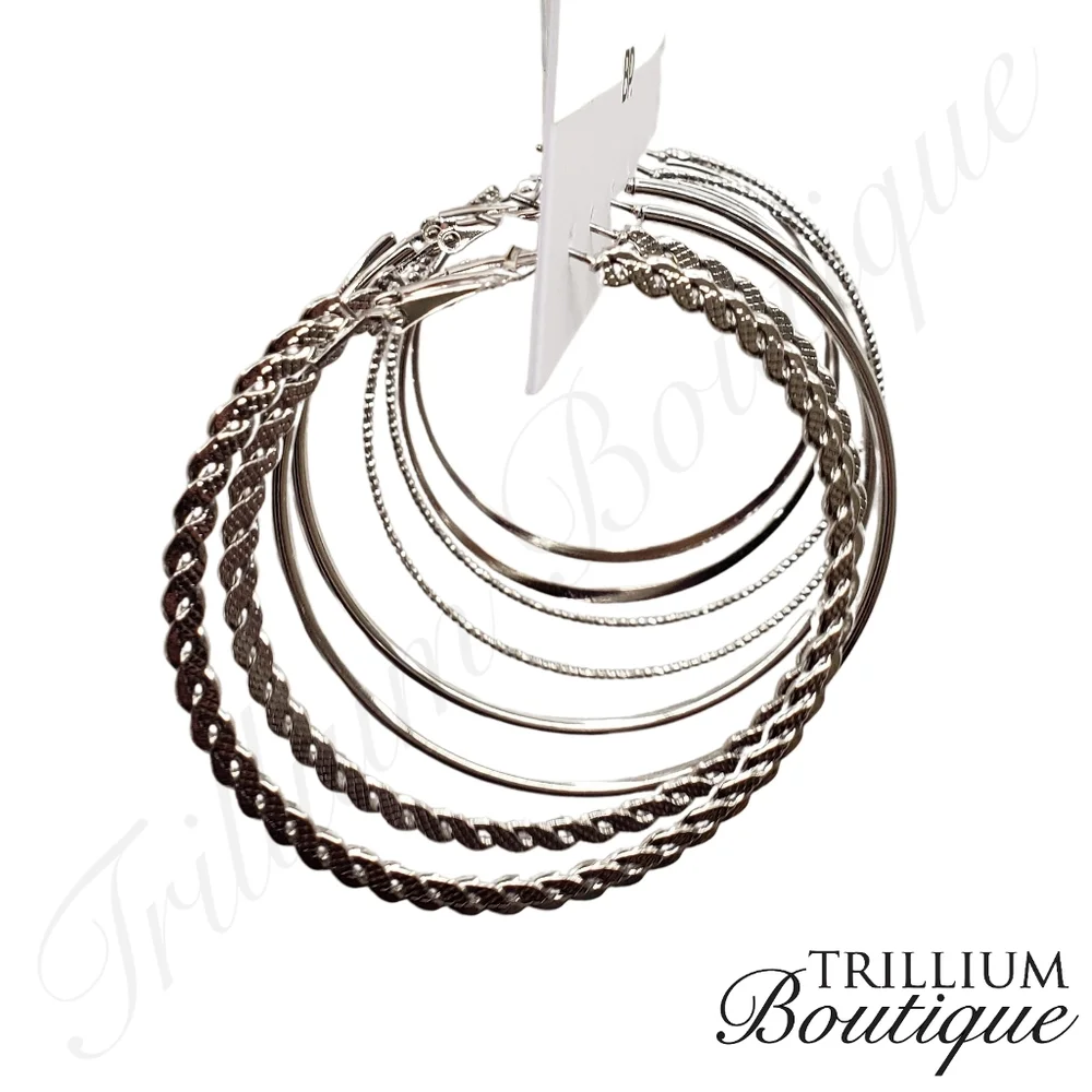 BP 3-Pack Hoop Earrings Silver Jewelry 2" Drop High Shine Finish - Picture 2 of 3